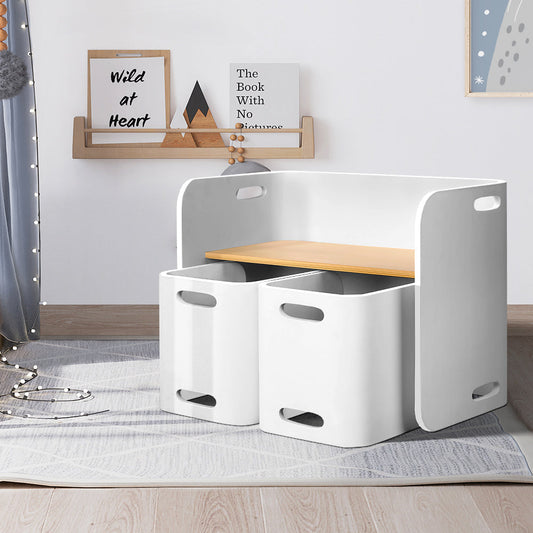 Keezi 3PCS Kids Table and Chairs Set Multifunctional Storage Desk White-0